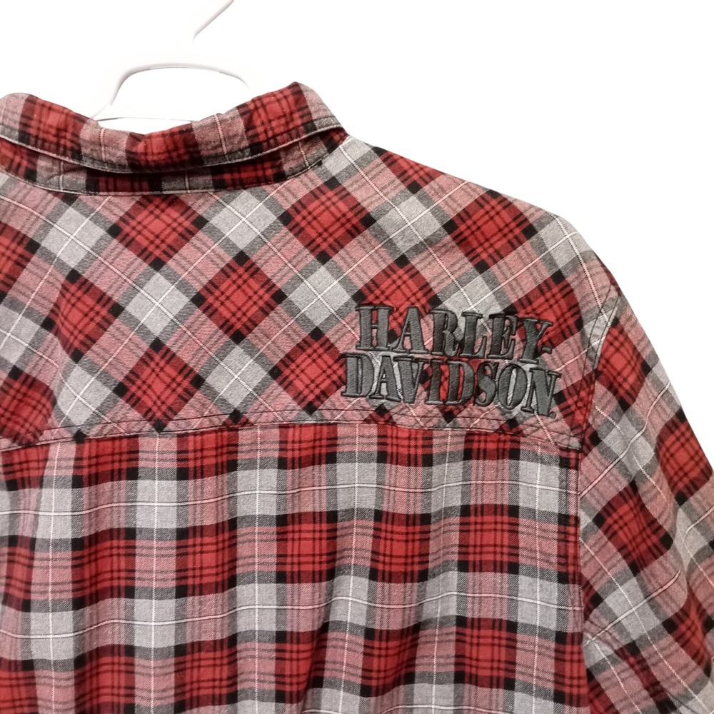 Harley Davidson Mens 2XL Red Plaid Flannel Button Down Shirt Embroidered Logo